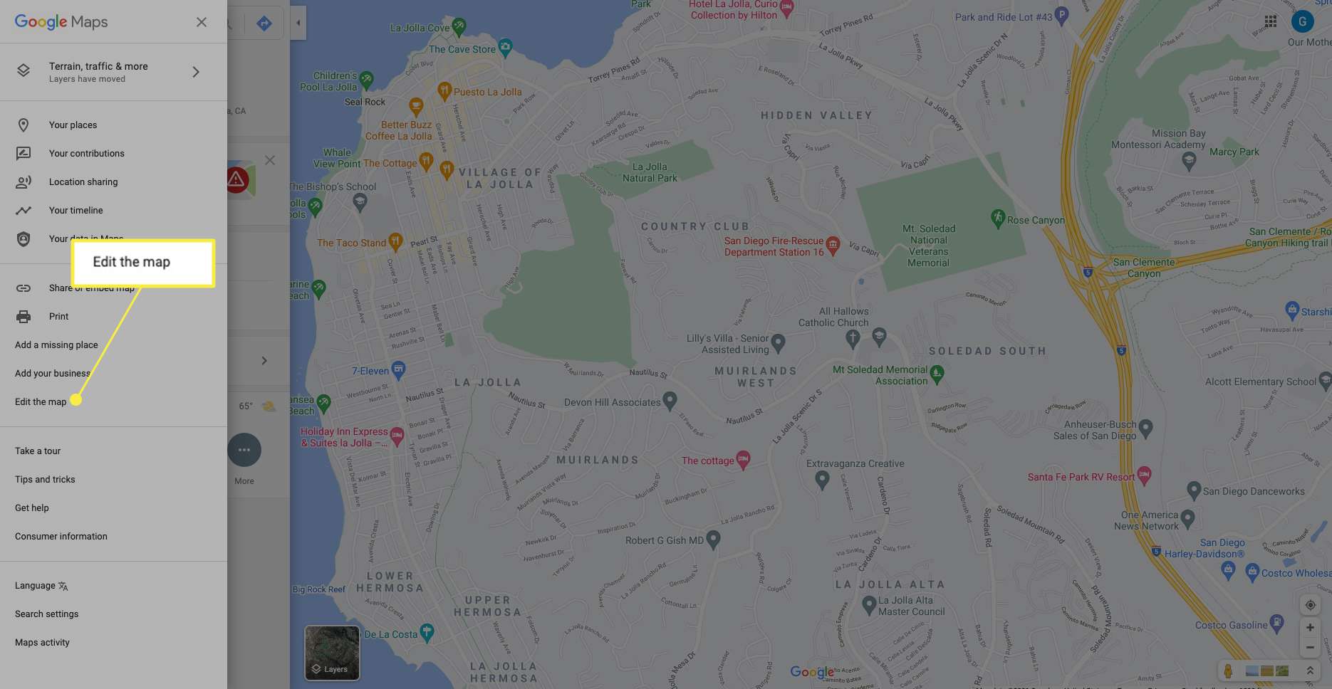 Nabídka Map Google se zvýrazněnou položkou Upravit mapu