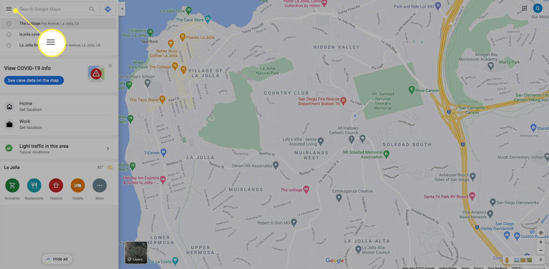 Mapy Google se zvýrazněnou ikonou Menu