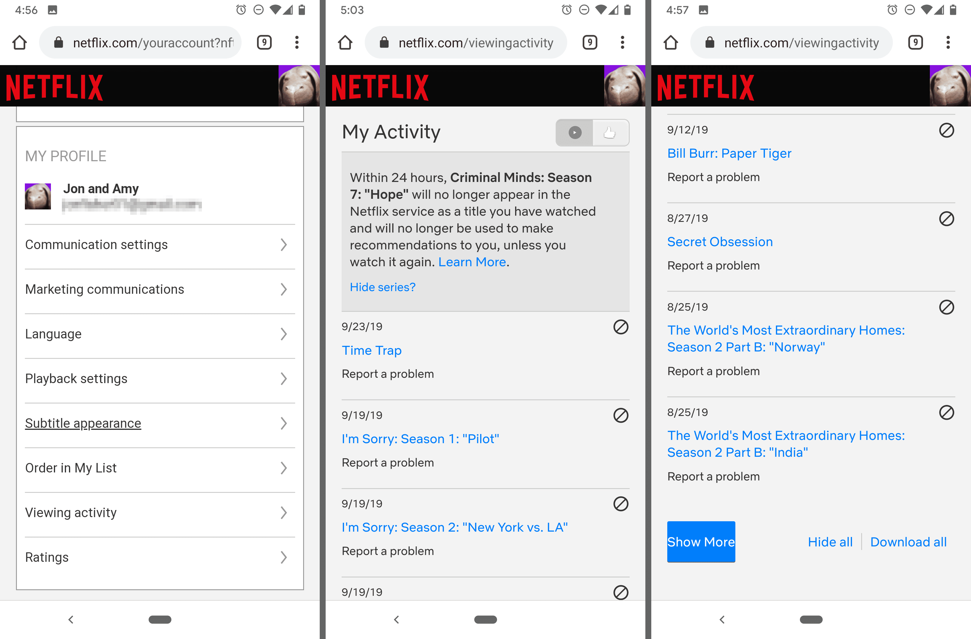 Nastavení Moje aktivita Netflix v prohlížeči Chrome pro Android