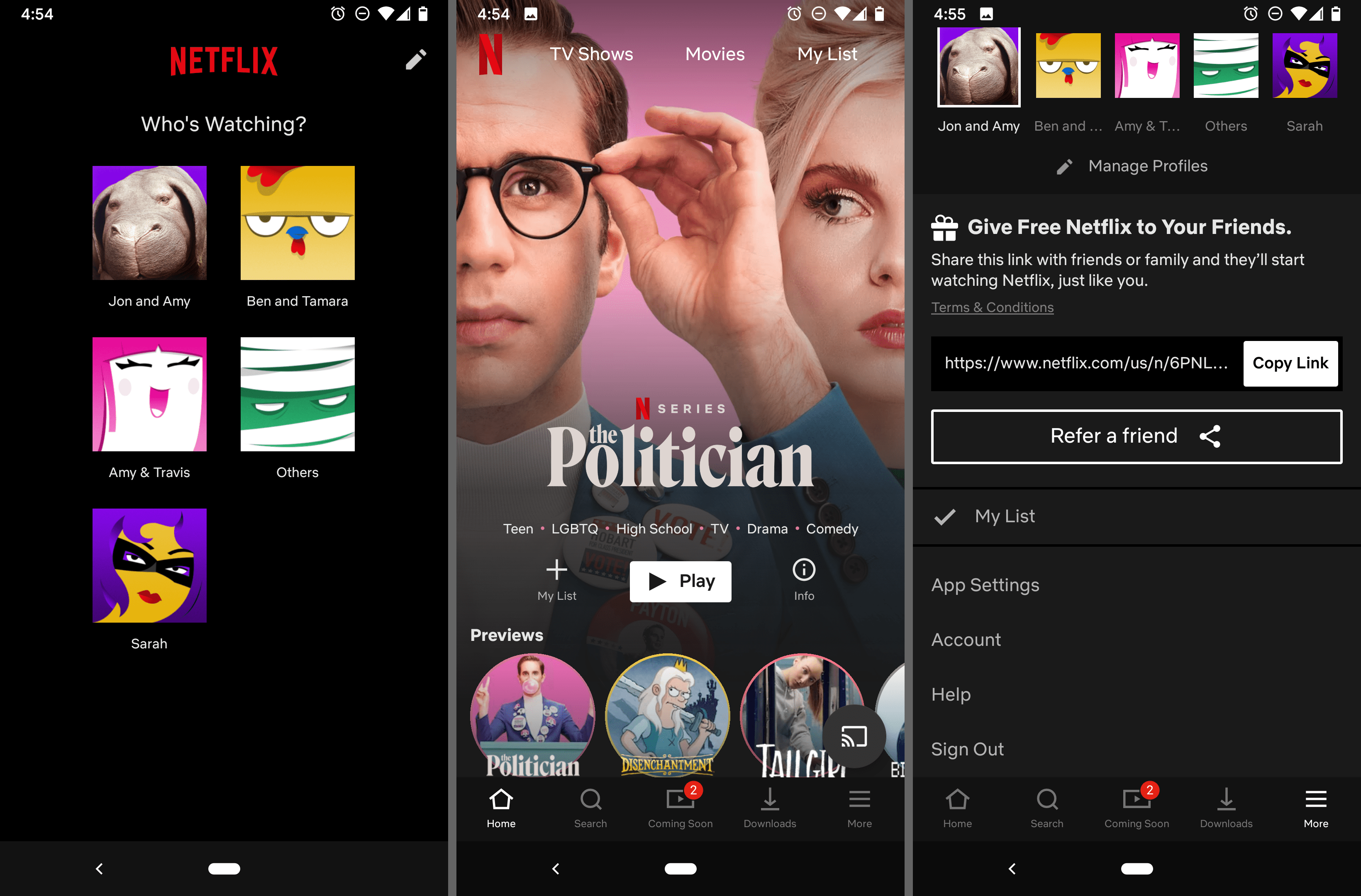 Domovská obrazovka aplikace Netflix pro Android a obrazovka dalších nastavení