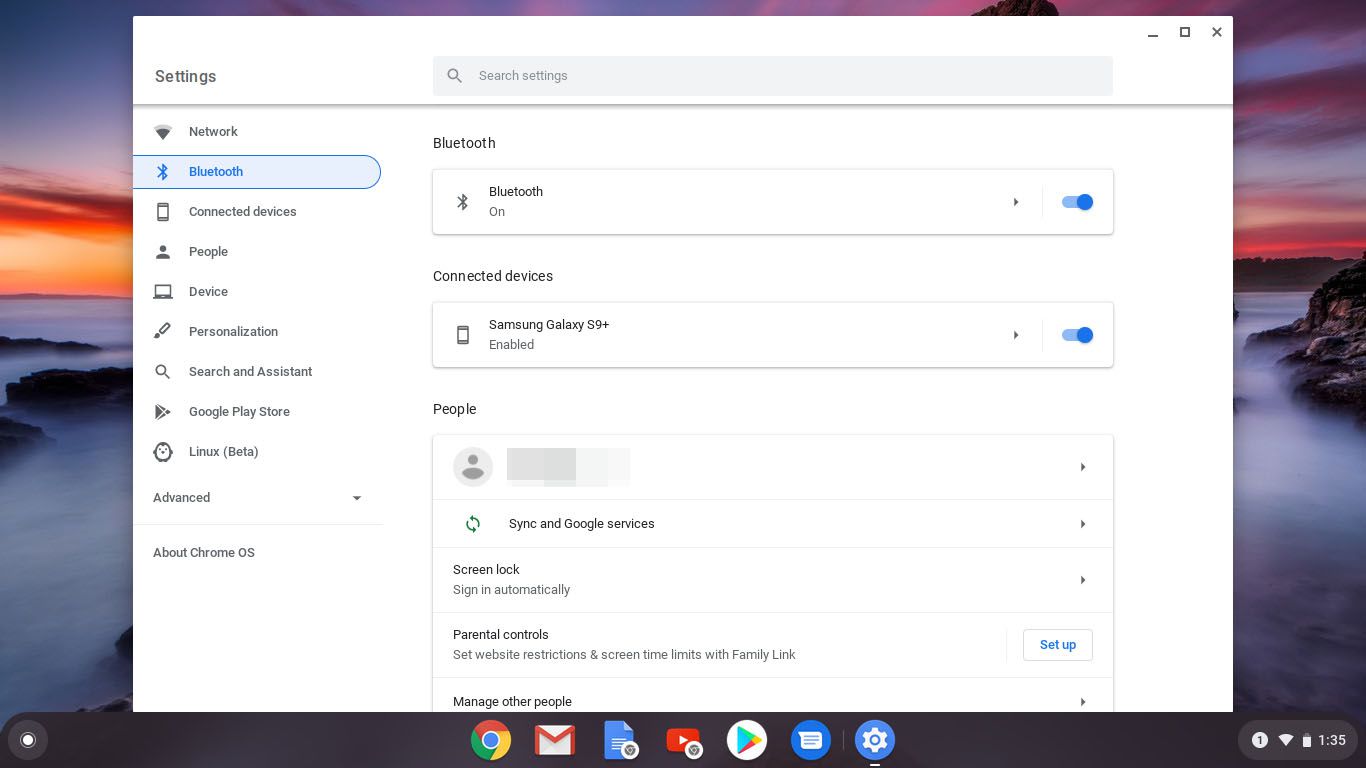 Screenshot nastavení Bluetooth v Chromebooku.