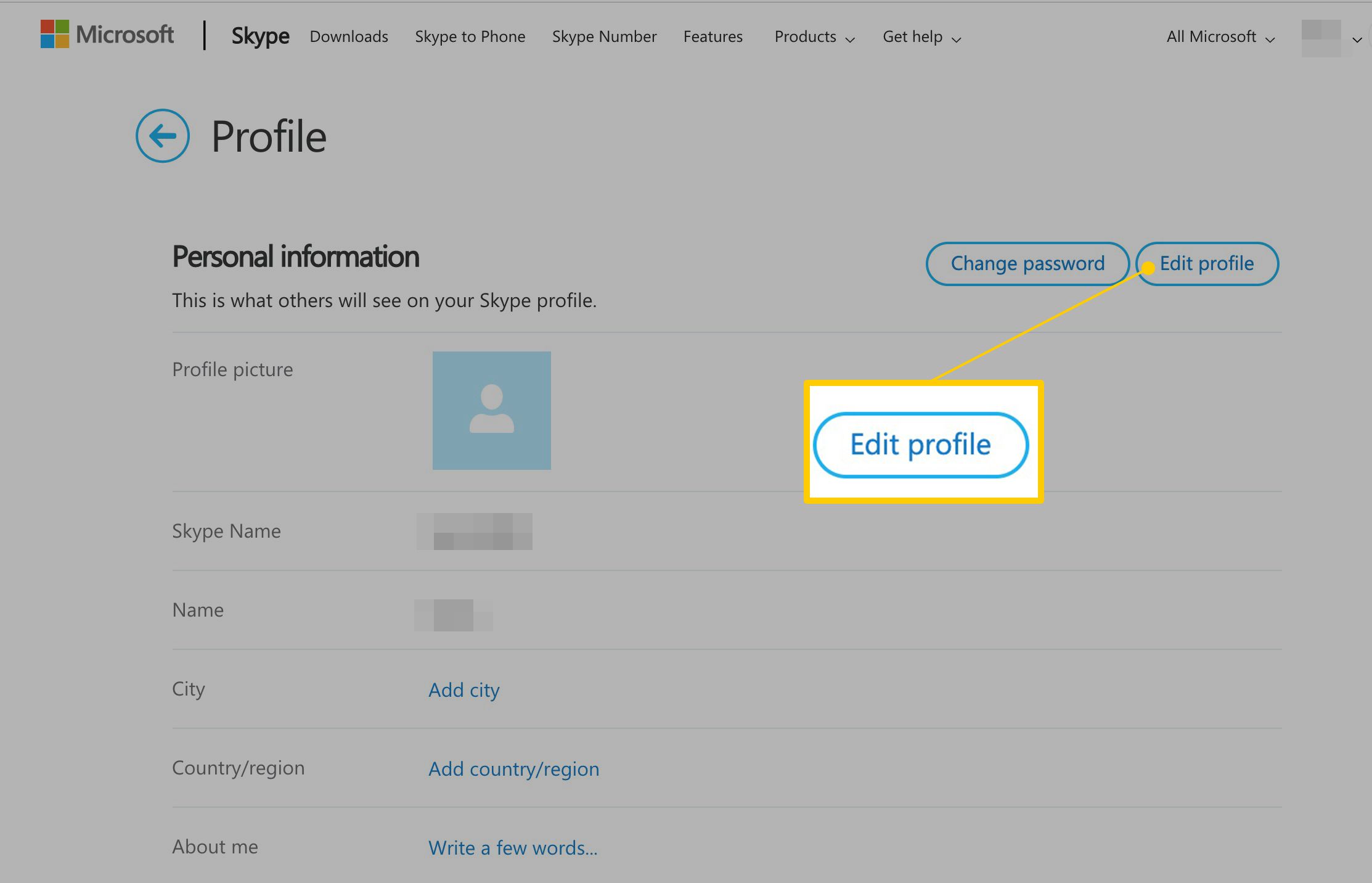 Tlačítko Upravit profil na webové stránce Skype