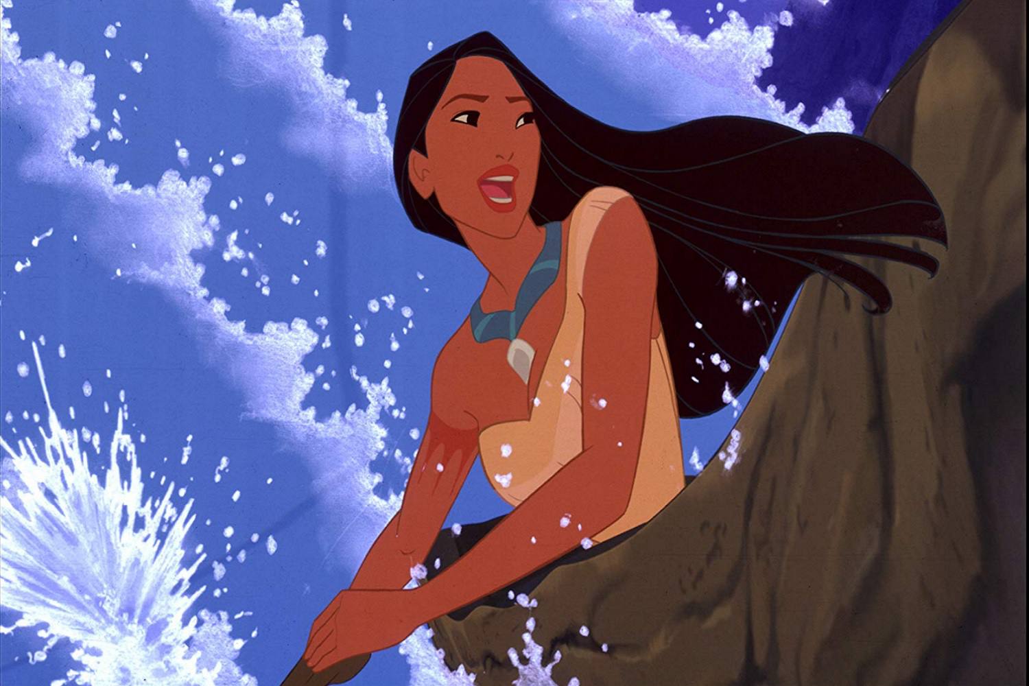 Snímek obrazovky scény z animovaného filmu Pocahontas.  Scéna má titulární charakter.