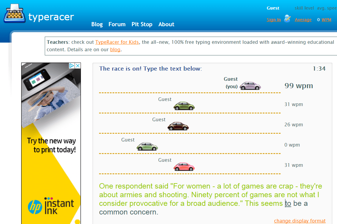 Klávesová hra Typeracer