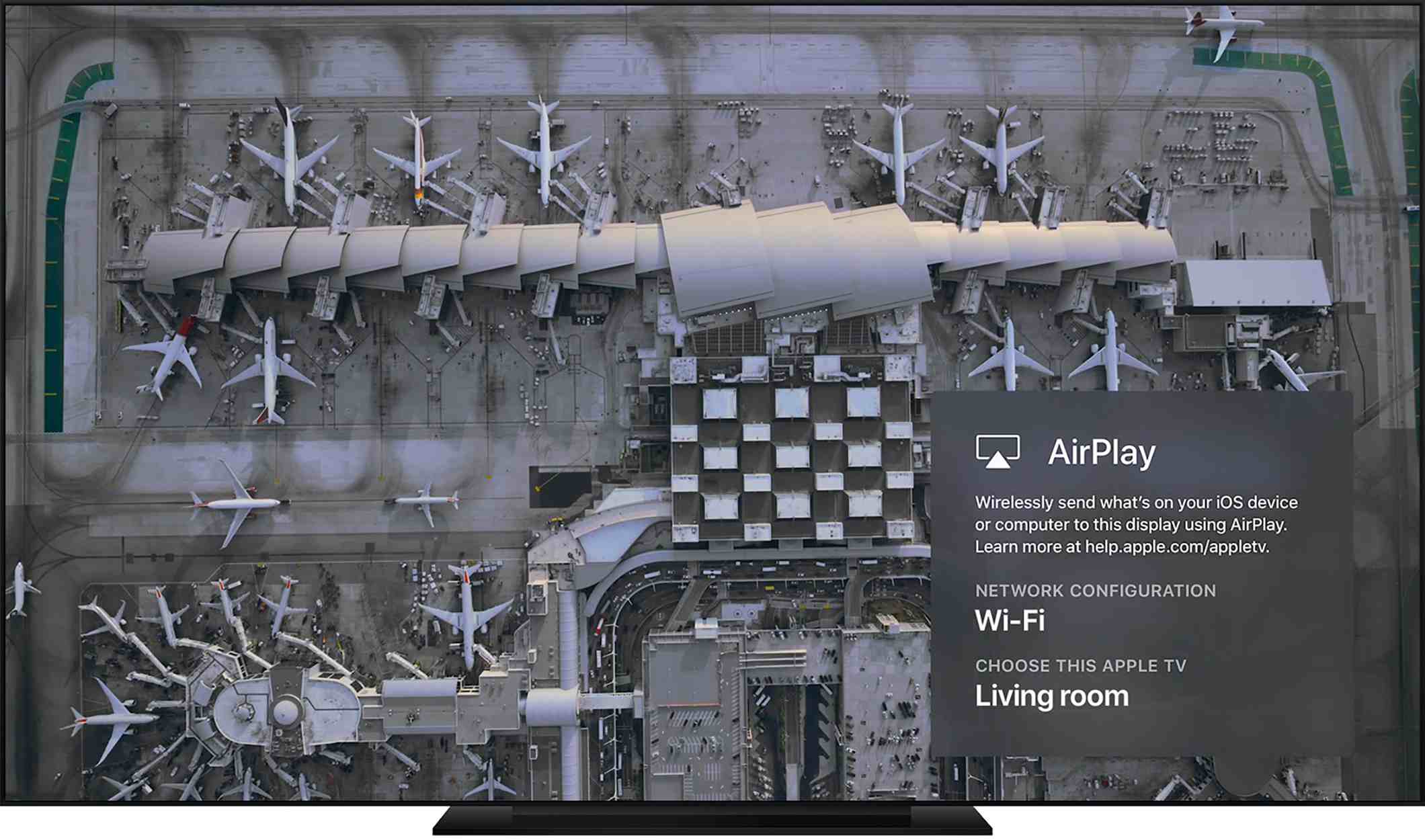 Fotografie Apple TV zobrazující možnosti režimu konferenční místnosti