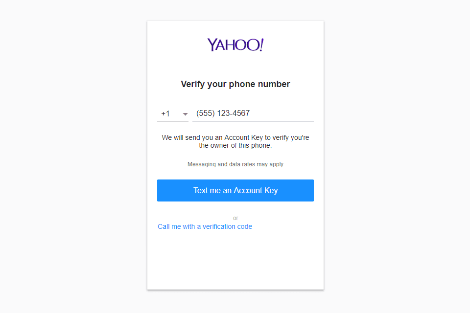 Screenshot z kroku ověření telefonu pro registraci obrazovky Yahoo Mail