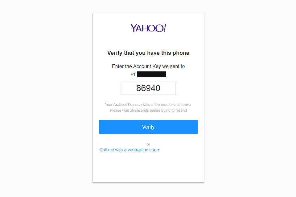 Screenshot klíčového kroku účtu Yahoo Mail pro registraci obrazovky