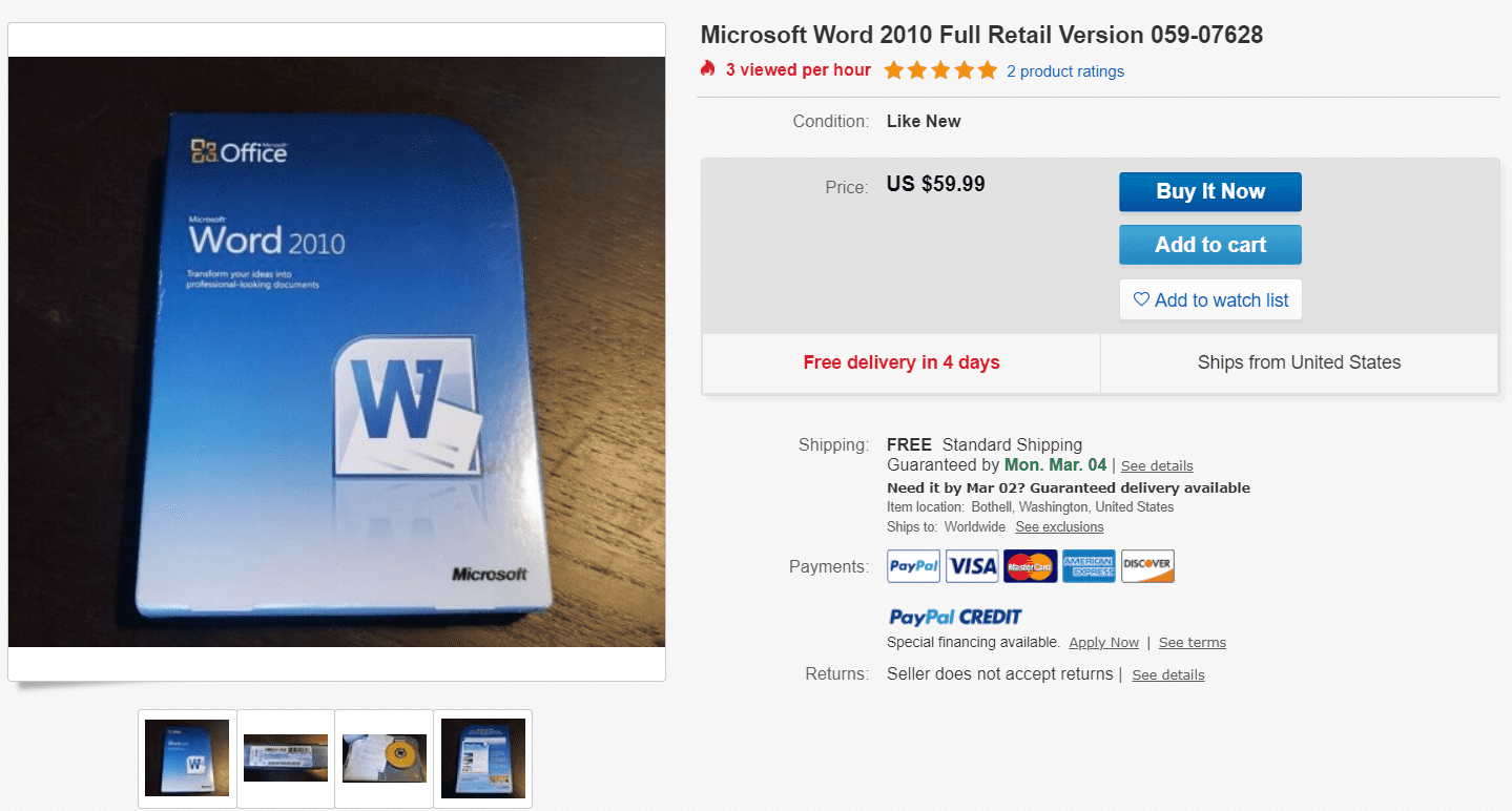 Screenshot aplikace Microsoft Word 2010 k prodeji na eBay