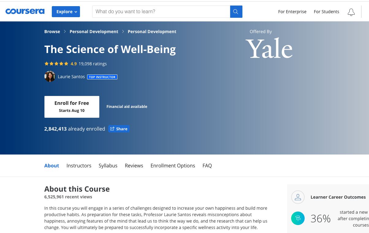Kurz Coursera o vědě o pohodě, který nabízí Yale
