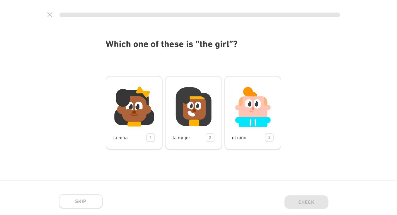 Úvodní lekce španělštiny Duolingo s dotazem „Která z nich je ta dívka?“