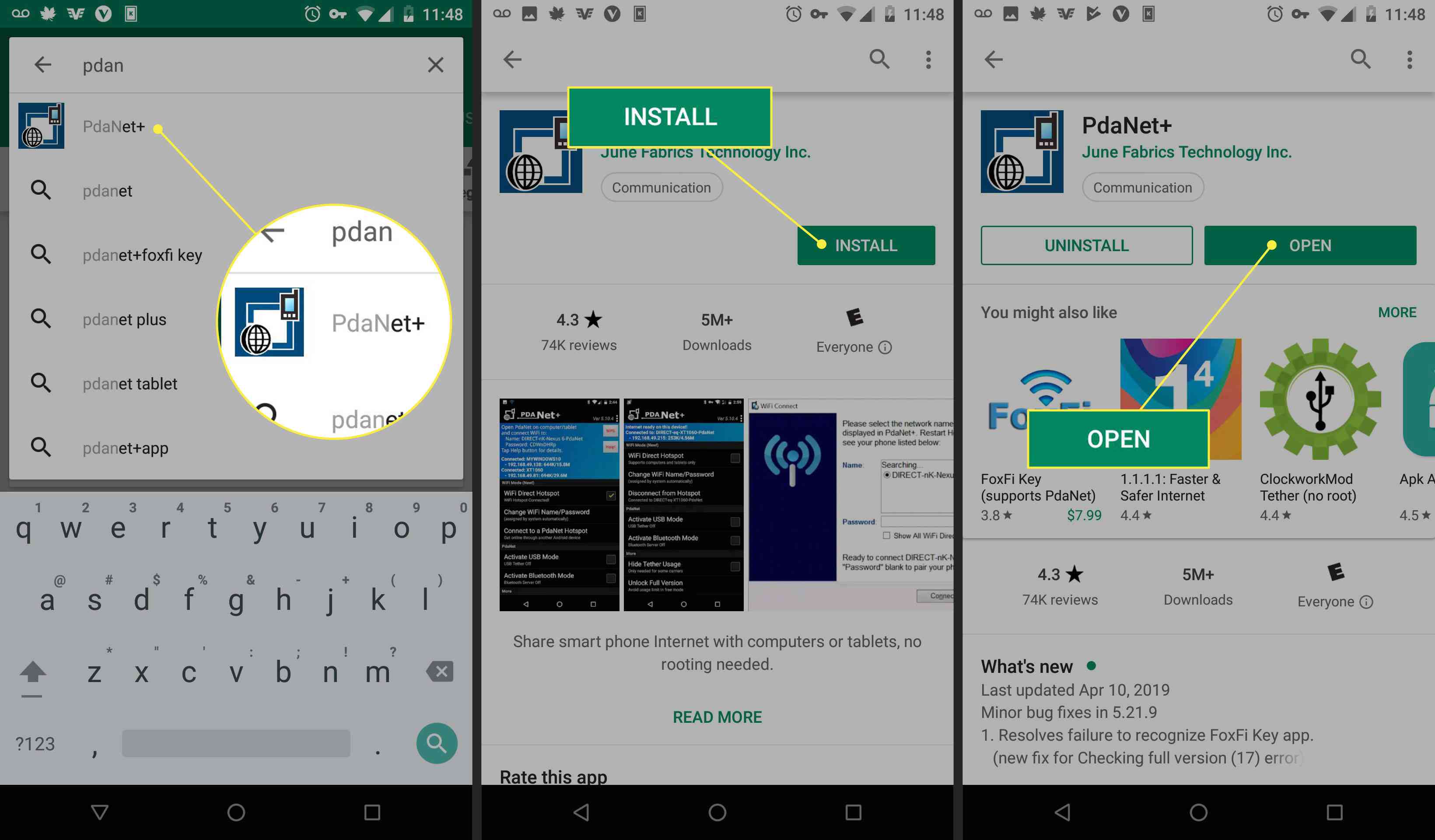 Screenshoty z obchodu Google Play, které ukazují, jak stáhnout a otevřít PdaNet +