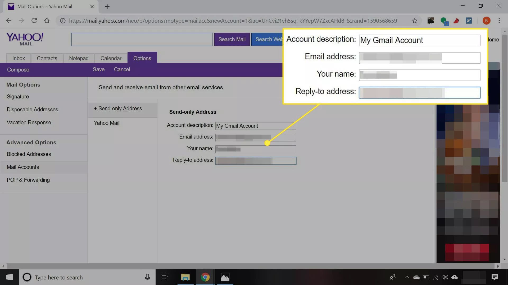 Nastavení Yahoo Mail zobrazující alternativní účet