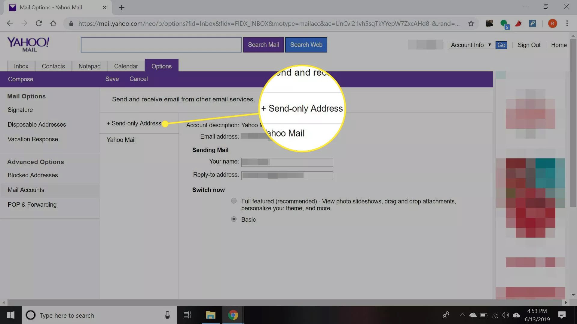 Nastavení Yahoo Mail se zvýrazněnou adresou „Pouze pro odesílání“