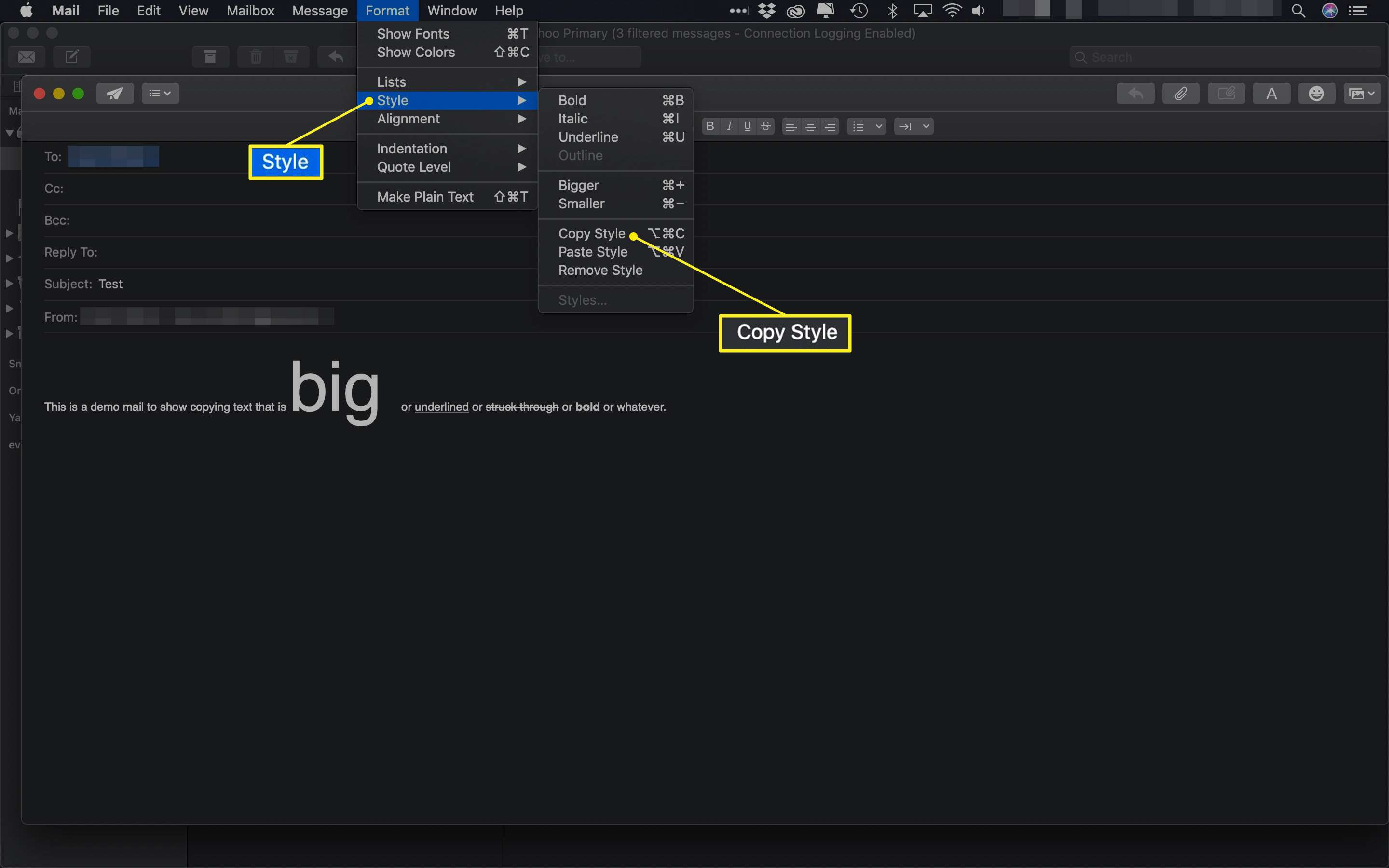 Nabídka Mac Mail Format se zvýrazněným stylem a stylem kopírování