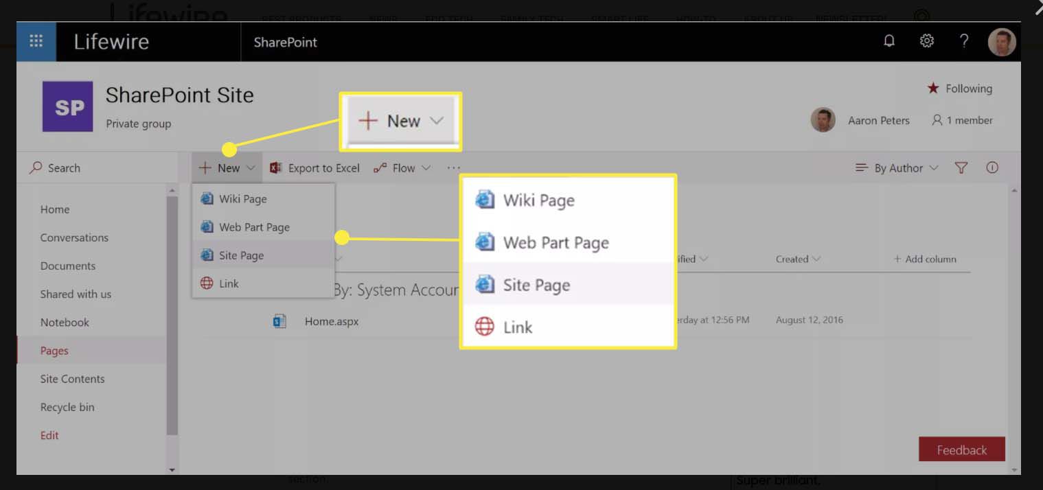 V okně webu SharePoint vyberte možnost „Nový“ a druh stránky.