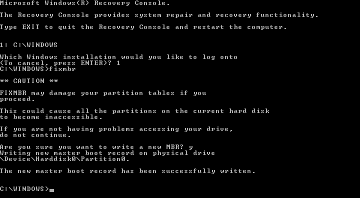 Příkaz fixmbr konzoly pro zotavení systému Windows XP
