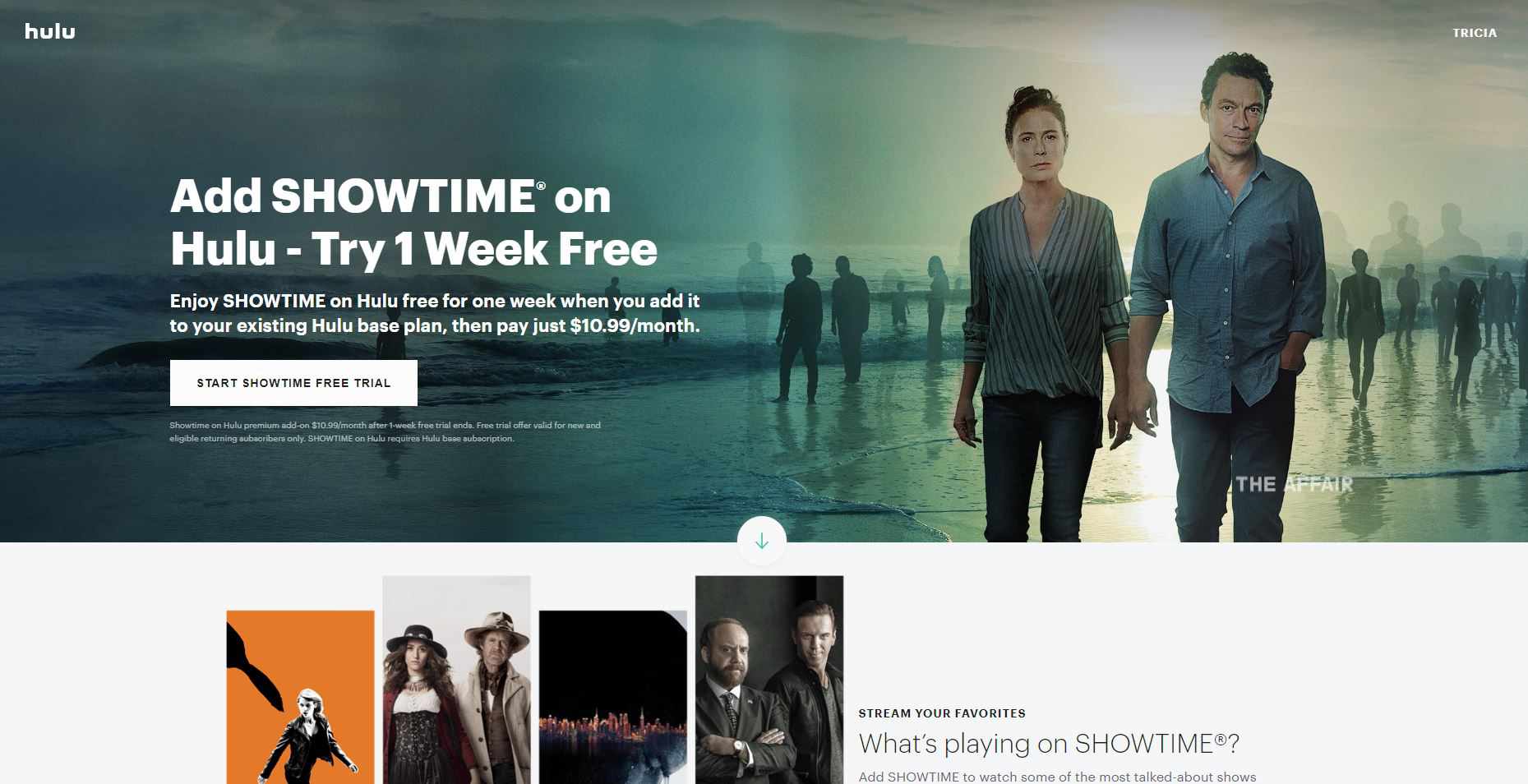 Screenshot zobrazující doplněk Showtime pro Hulu