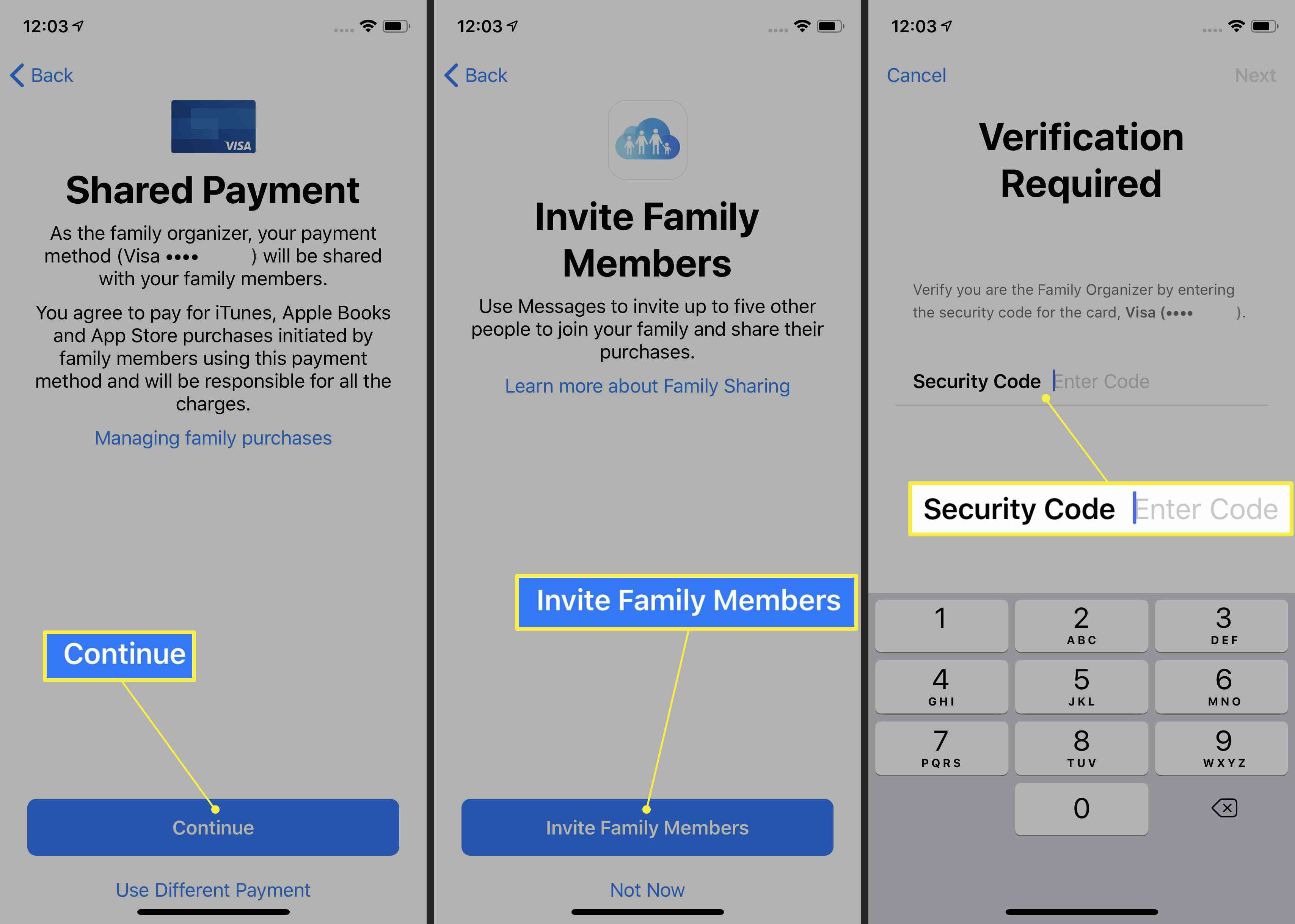 Platba a pozvánka na sdílení v rodině na iPhone