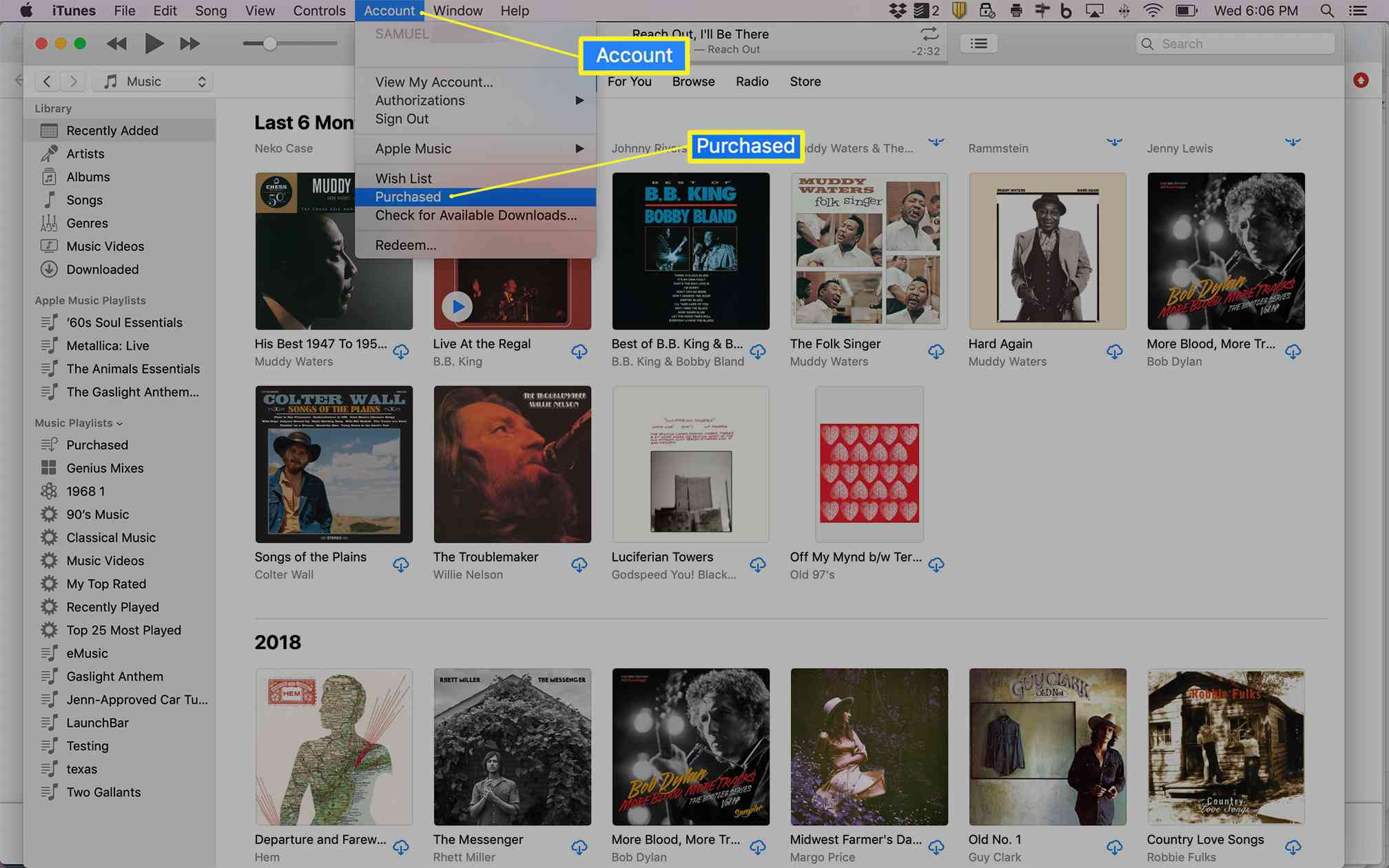 Výběr nabídky Zakoupeno v iTunes na počítači Mac