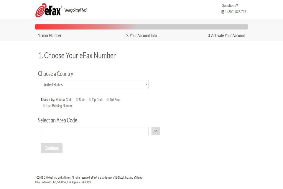 Snímek obrazovky s webovou stránkou registrace měsíčního členství eFax.  Chcete-li používat jejich služby, musíte si zaregistrovat účet.  Na této stránce musíte zvolit číslo eFax specifické pro dané místo.