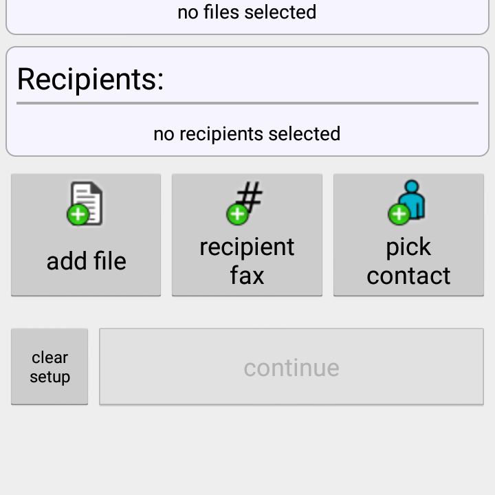 Snímek obrazovky hlavní obrazovky aplikace FaxFile na telefonu Android, HTC 710C.  Hlavní obrazovka zobrazuje možnosti nastavení faxu: přidání souborů a výběr příjemců.