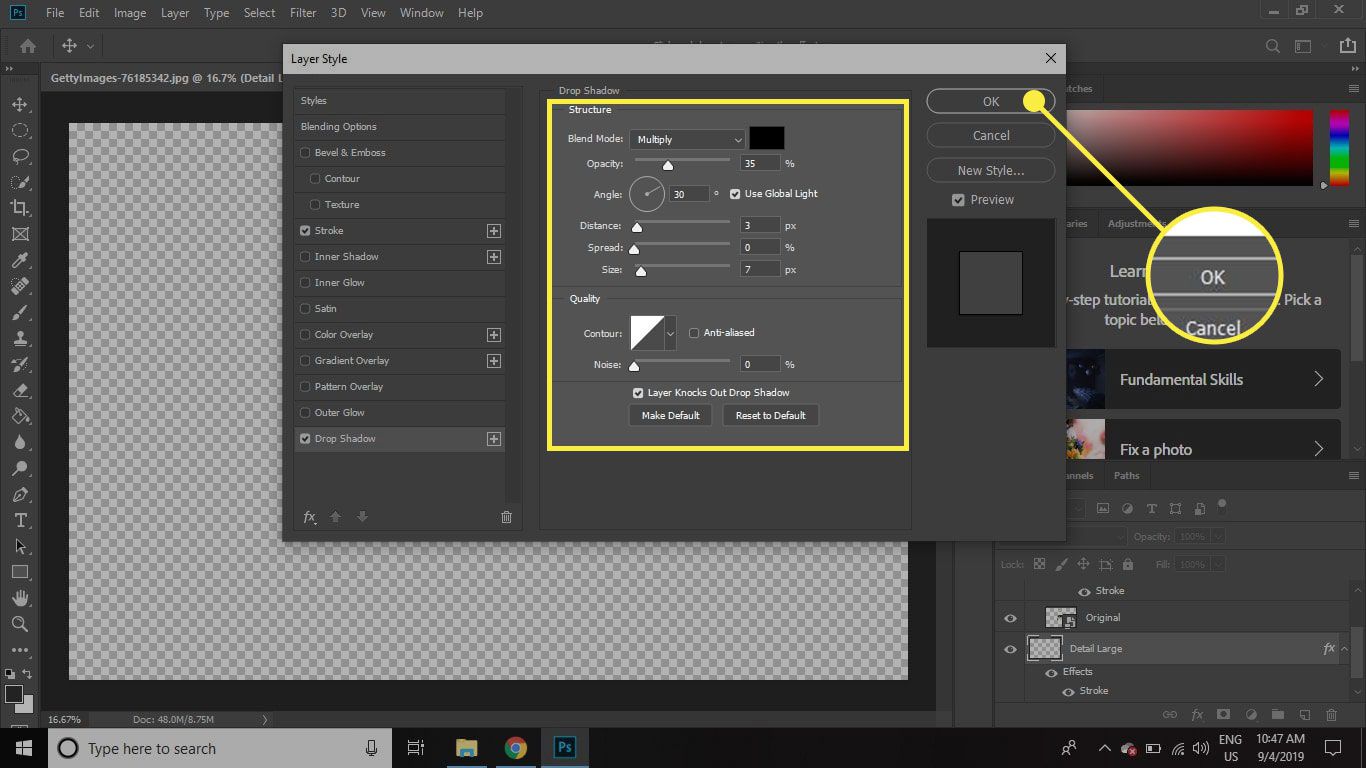 Screenshot okna Photoshop Layer Style se zvýrazněnými možnostmi Vržený stín a OK