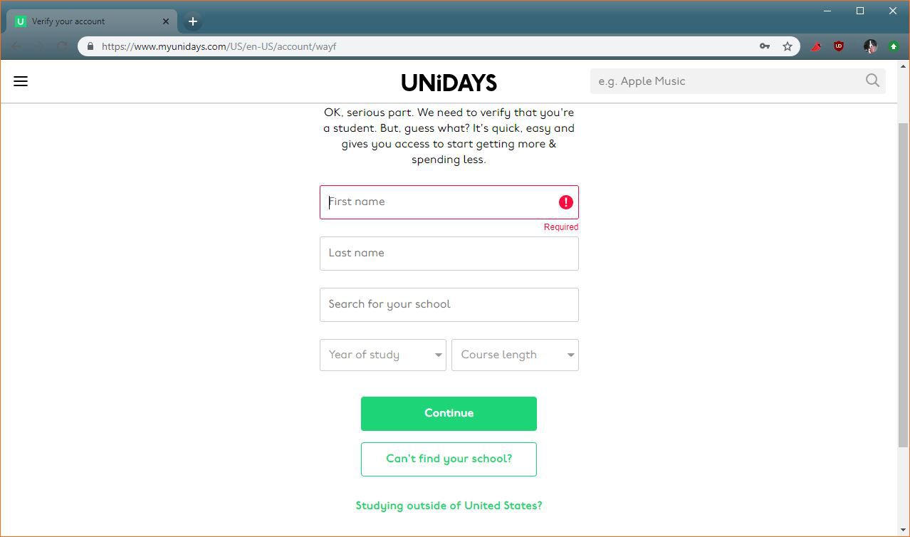 Screenshot procesu registrace Unidays.