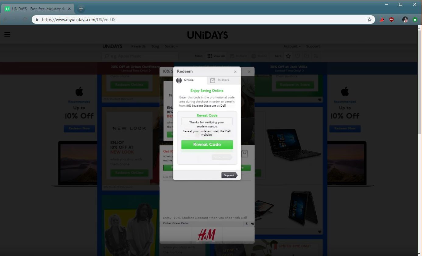 Snímek obrazovky slevy Unidays Dell.