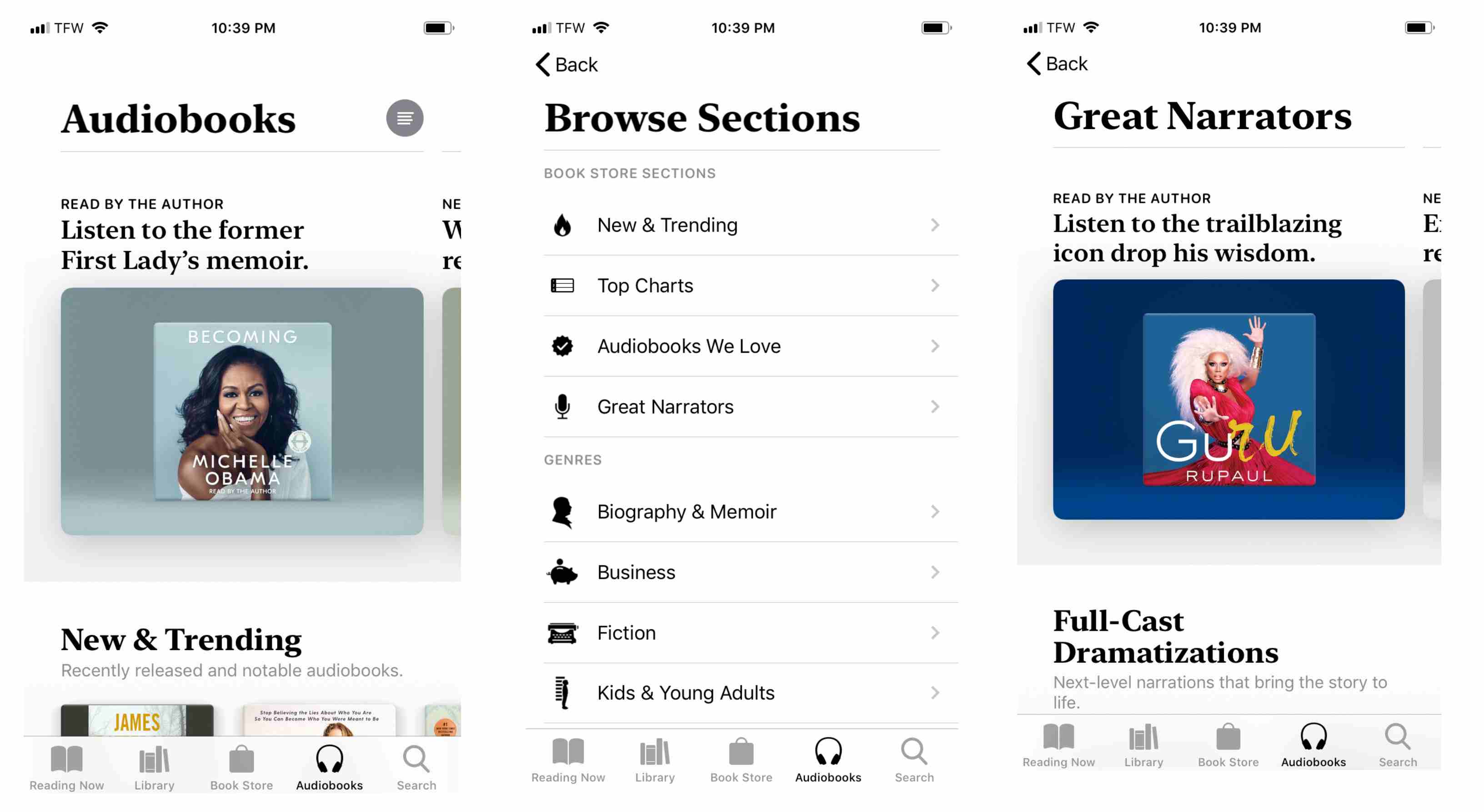 Screenshot obrazovky Apple Books Audiobooks na iPhone