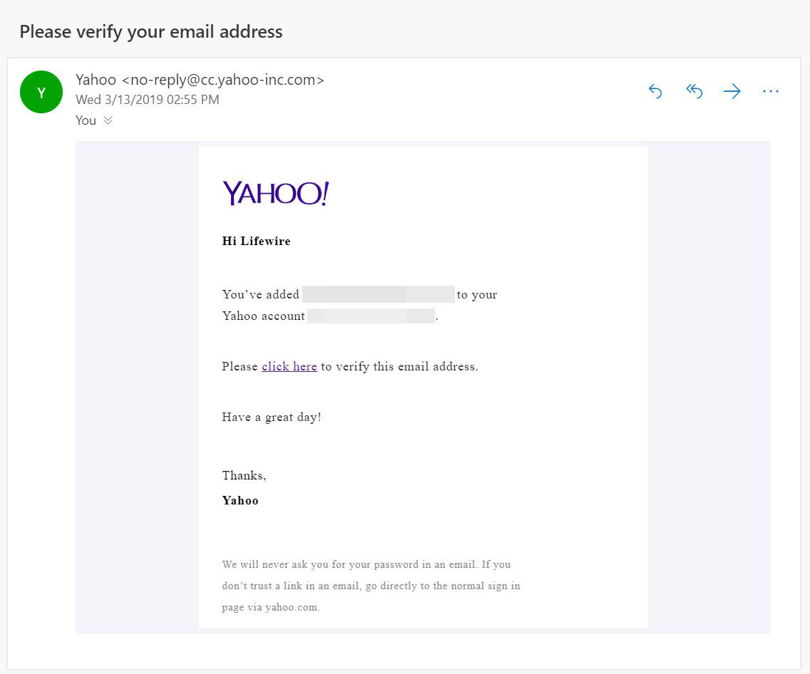 Ověřovací e-mail odeslaný společností Yahoo