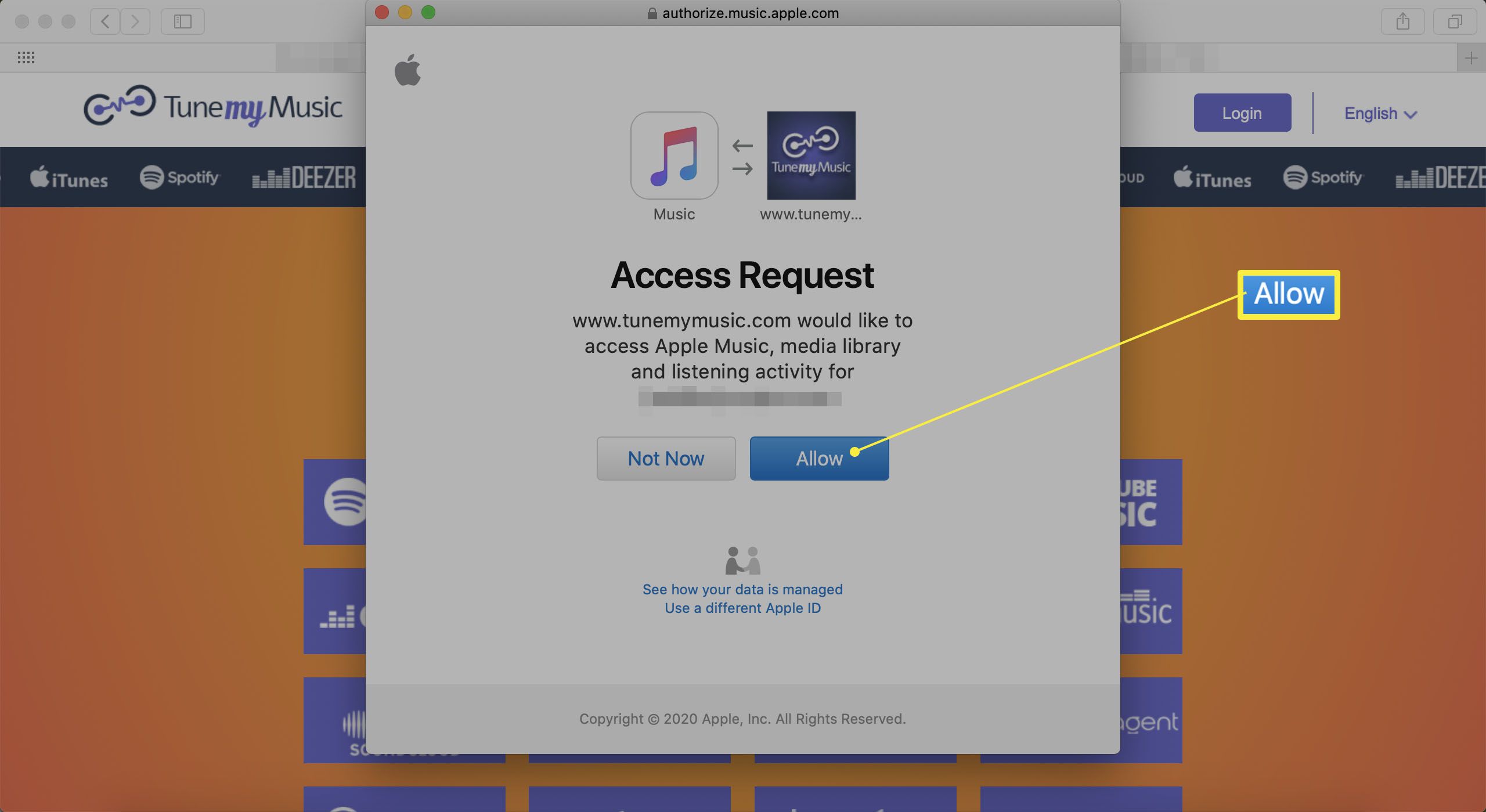 TuneMyMusic požadující přístup k Apple Music