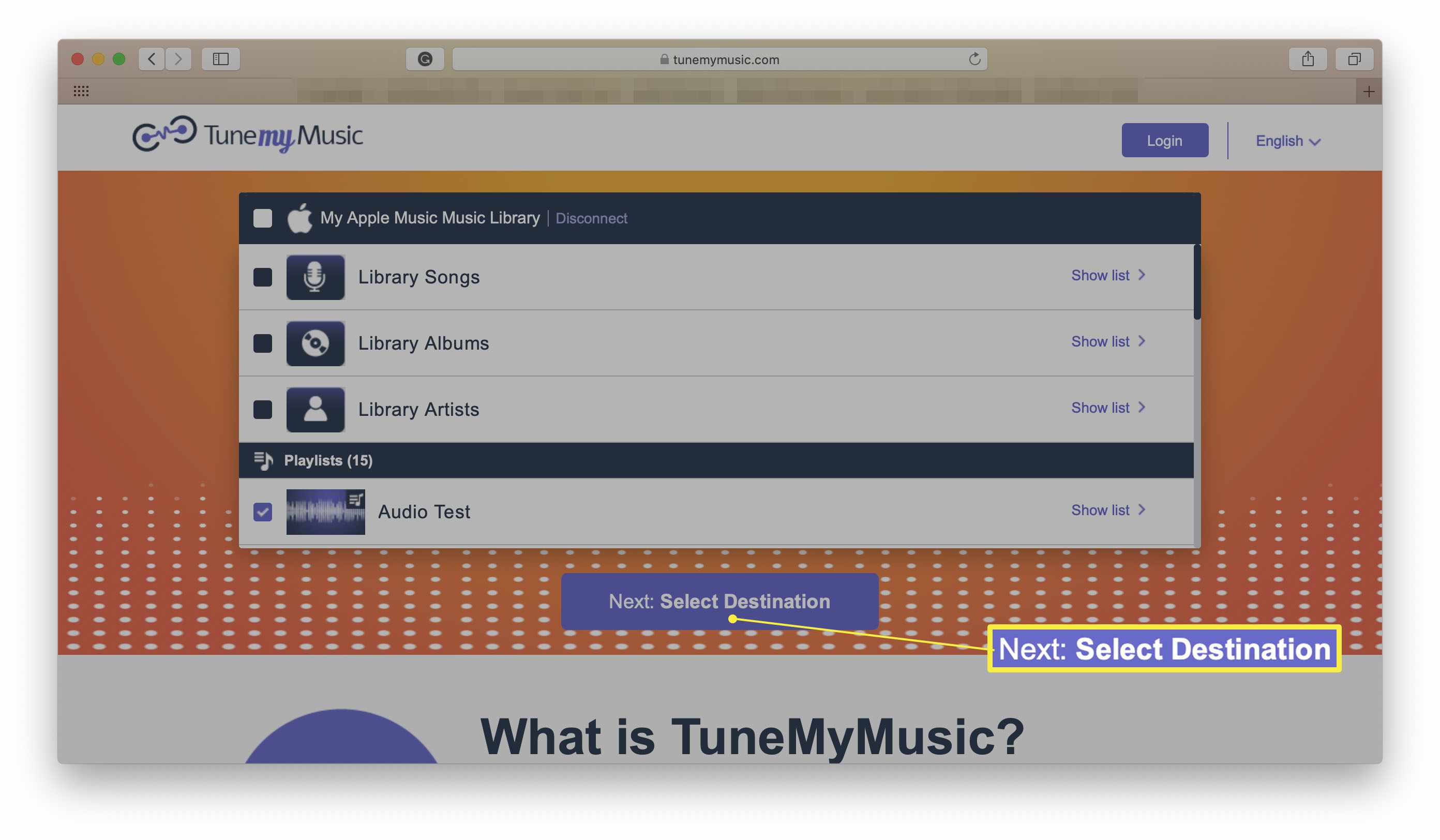 TuneMyMusic Vyberte cílovou stránku pro přenos hudby