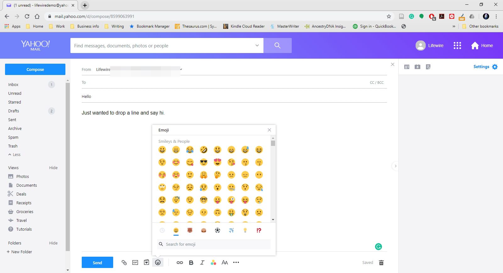 Nabídka pro vložení emodži do Yahoo Mail.