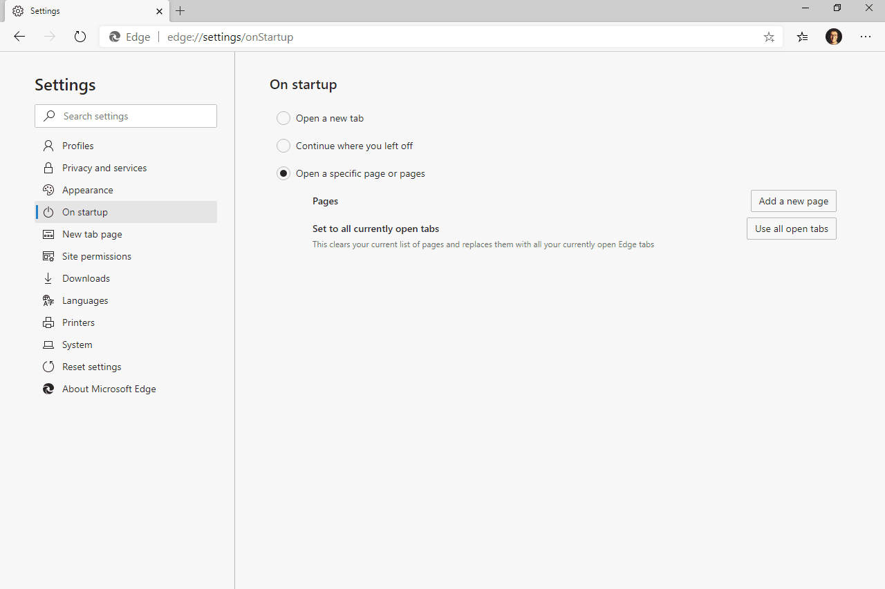 Edge on startup settings