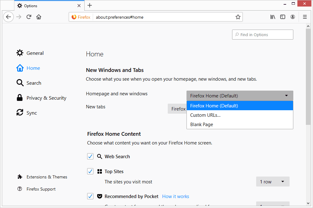 Možnost domovské stránky ve Firefoxu