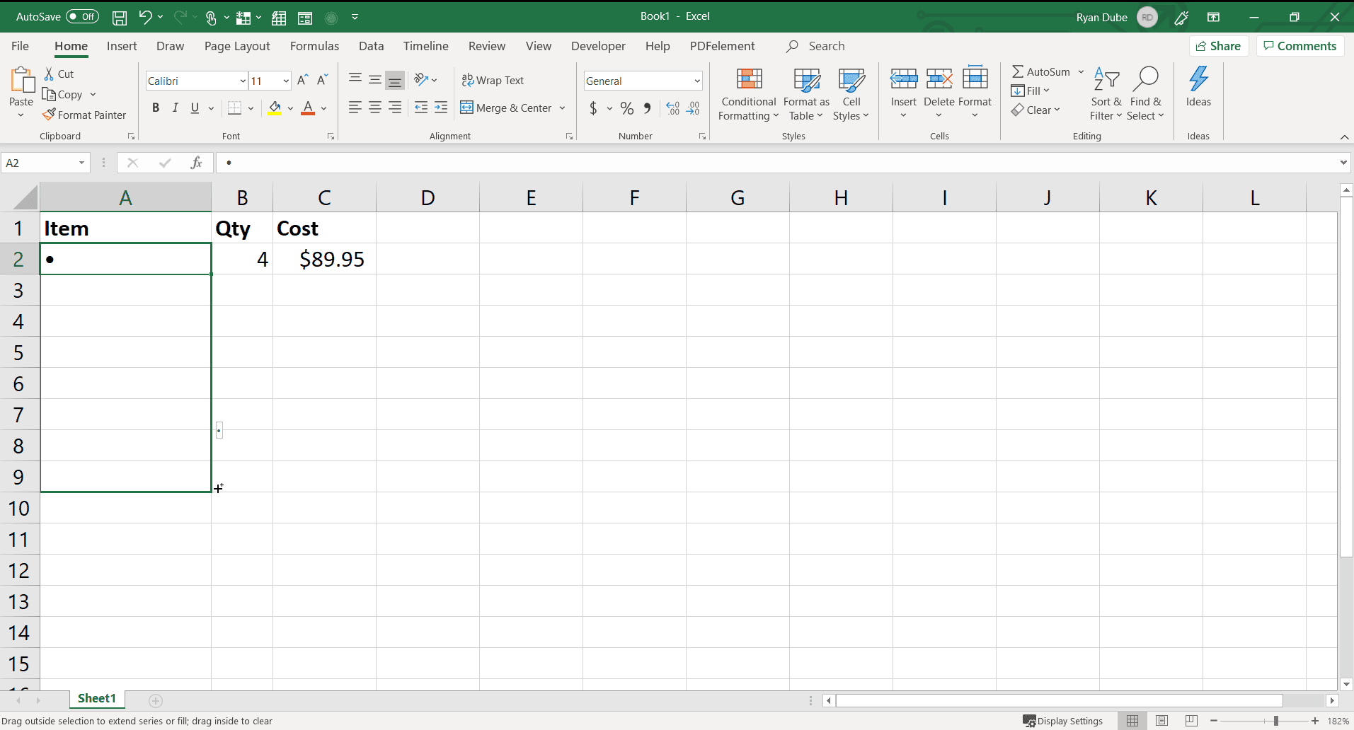 Screenshot vyplnění buněk odrážkami v aplikaci Excel