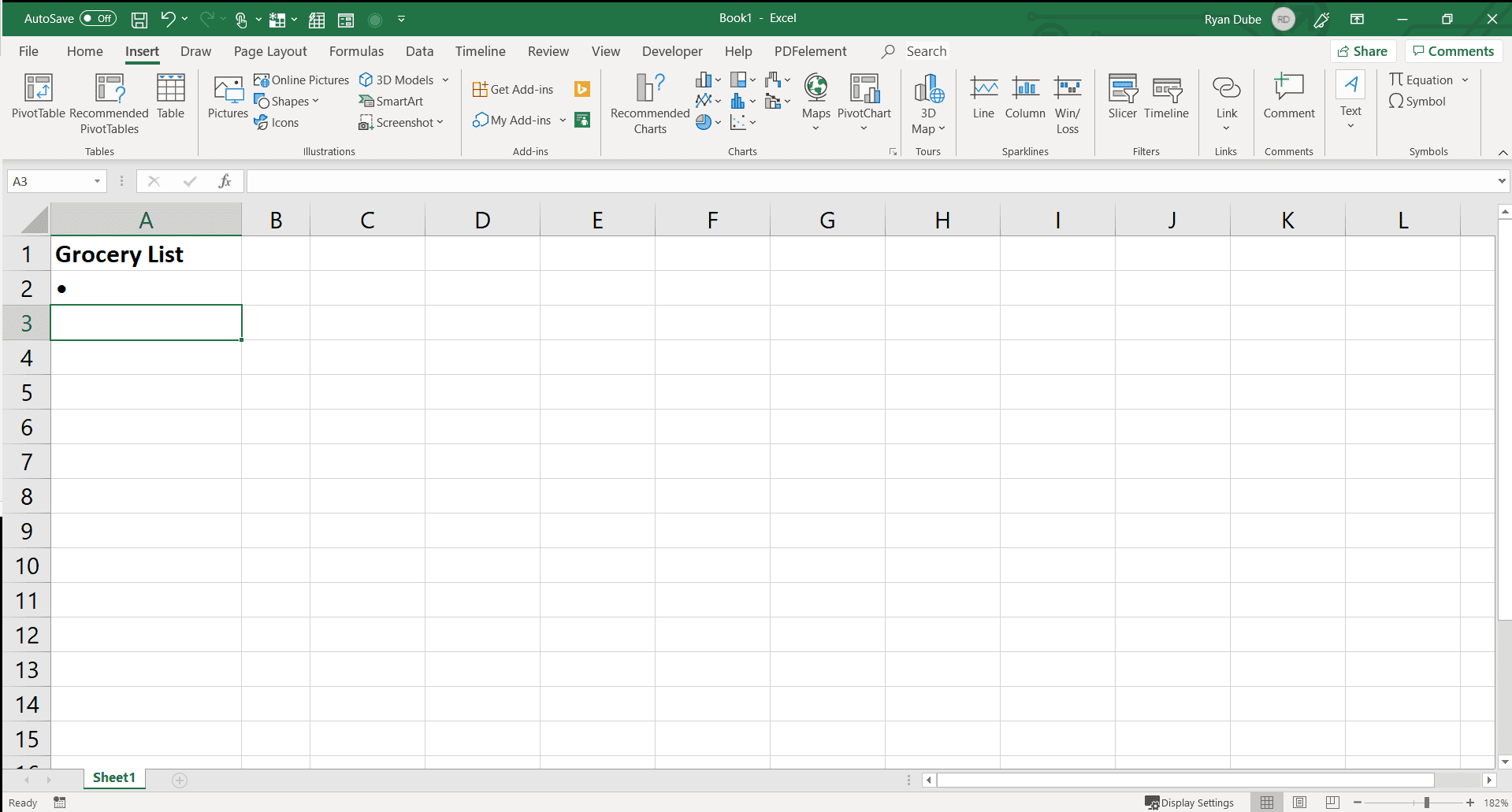 Screenshot vložené odrážky v aplikaci Excel