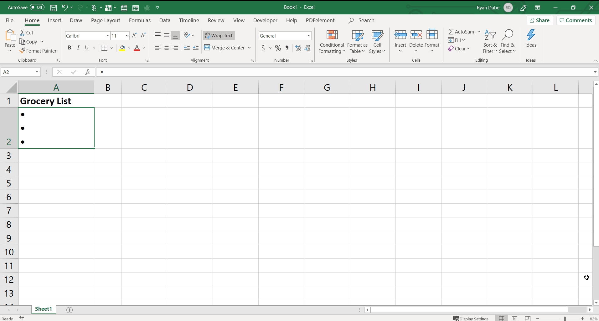 Screenshot zadání více odrážek do jedné buňky v aplikaci Excel