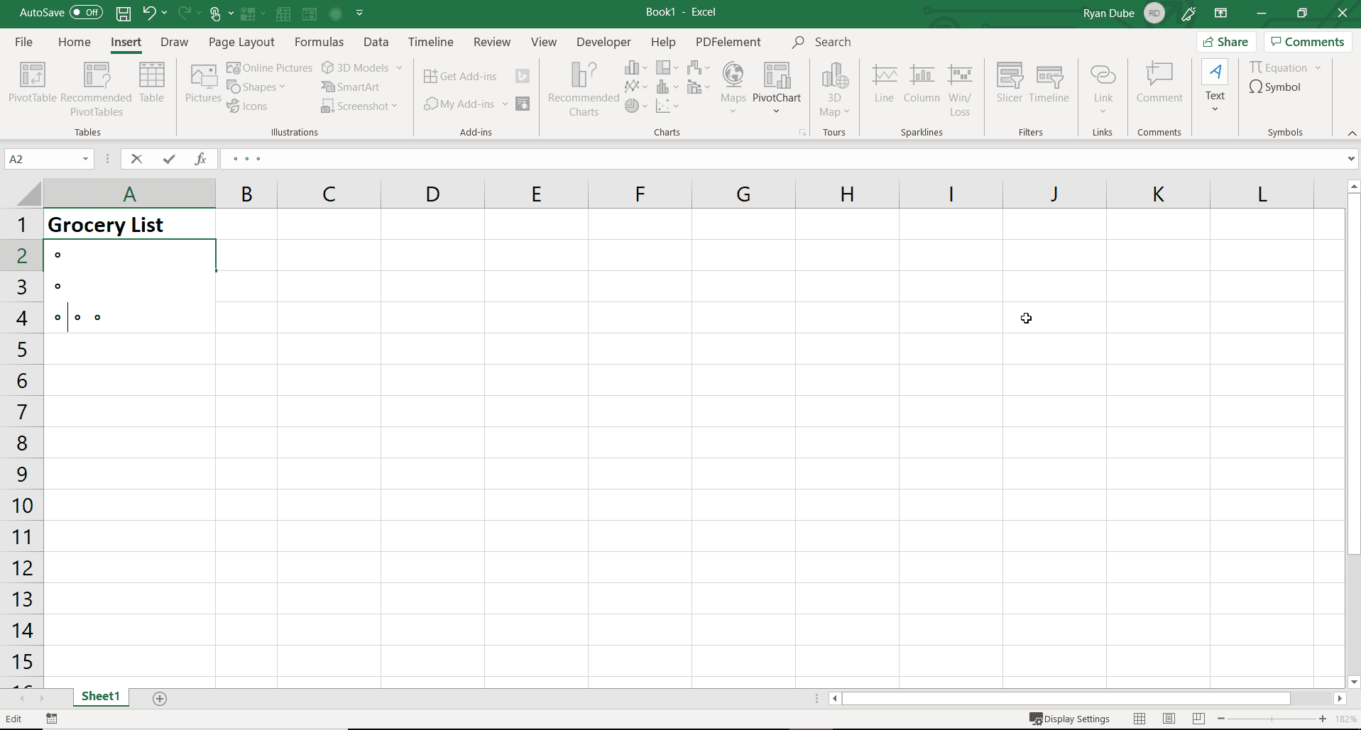 Screenshot vložení zalomení řádku mezi odrážky v aplikaci Excel