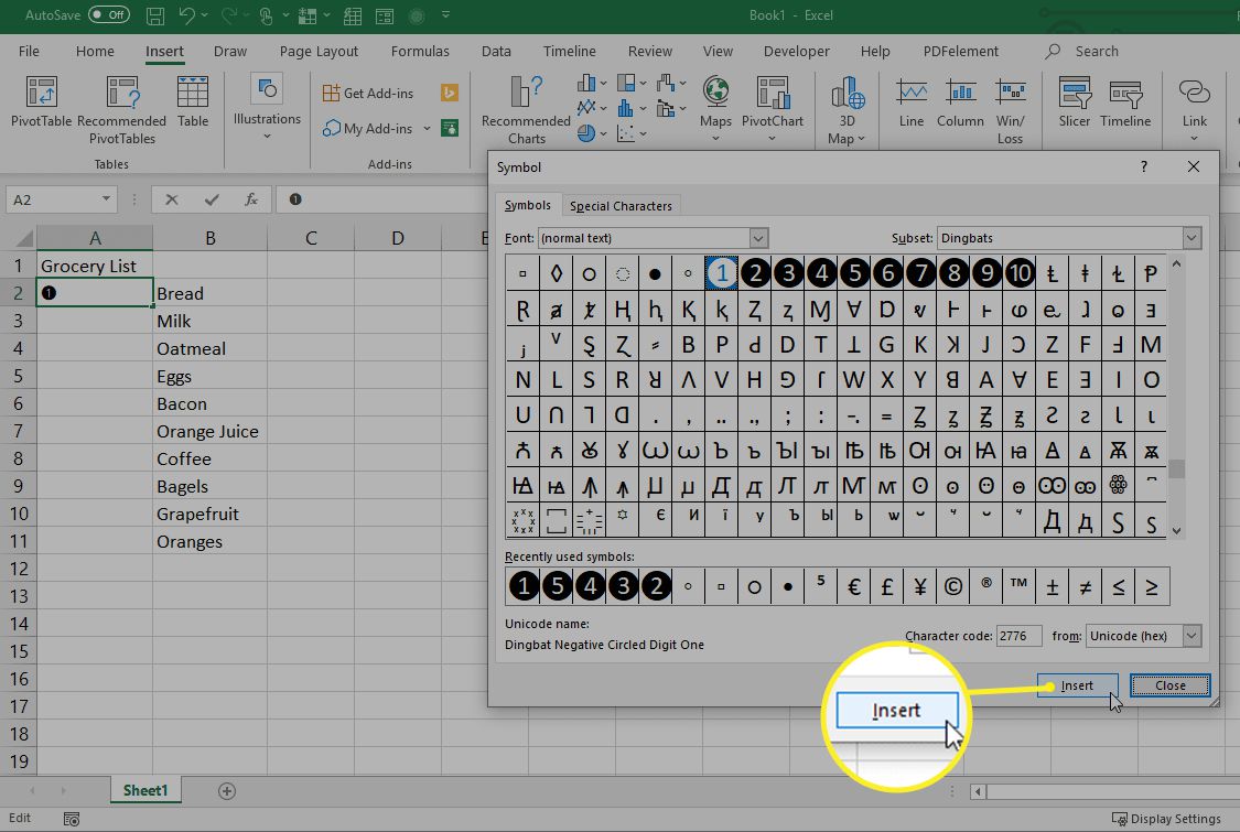 Přidání číslovaných symbolů v aplikaci Excel