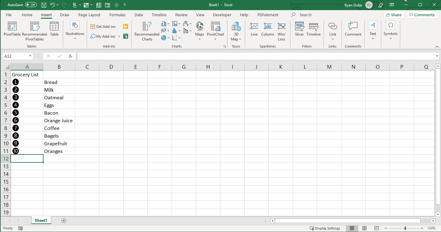 Screenshot přidání číslovaných symbolů v aplikaci Excel