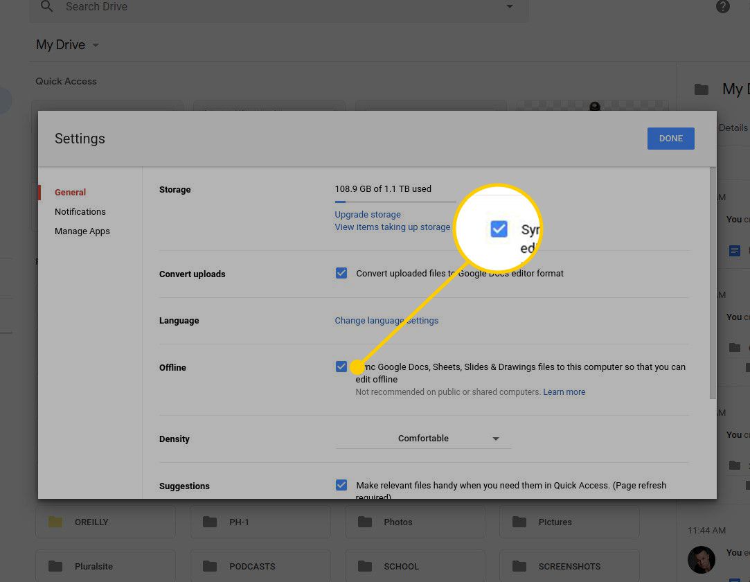 Možnost offline v nastavení Disku Google