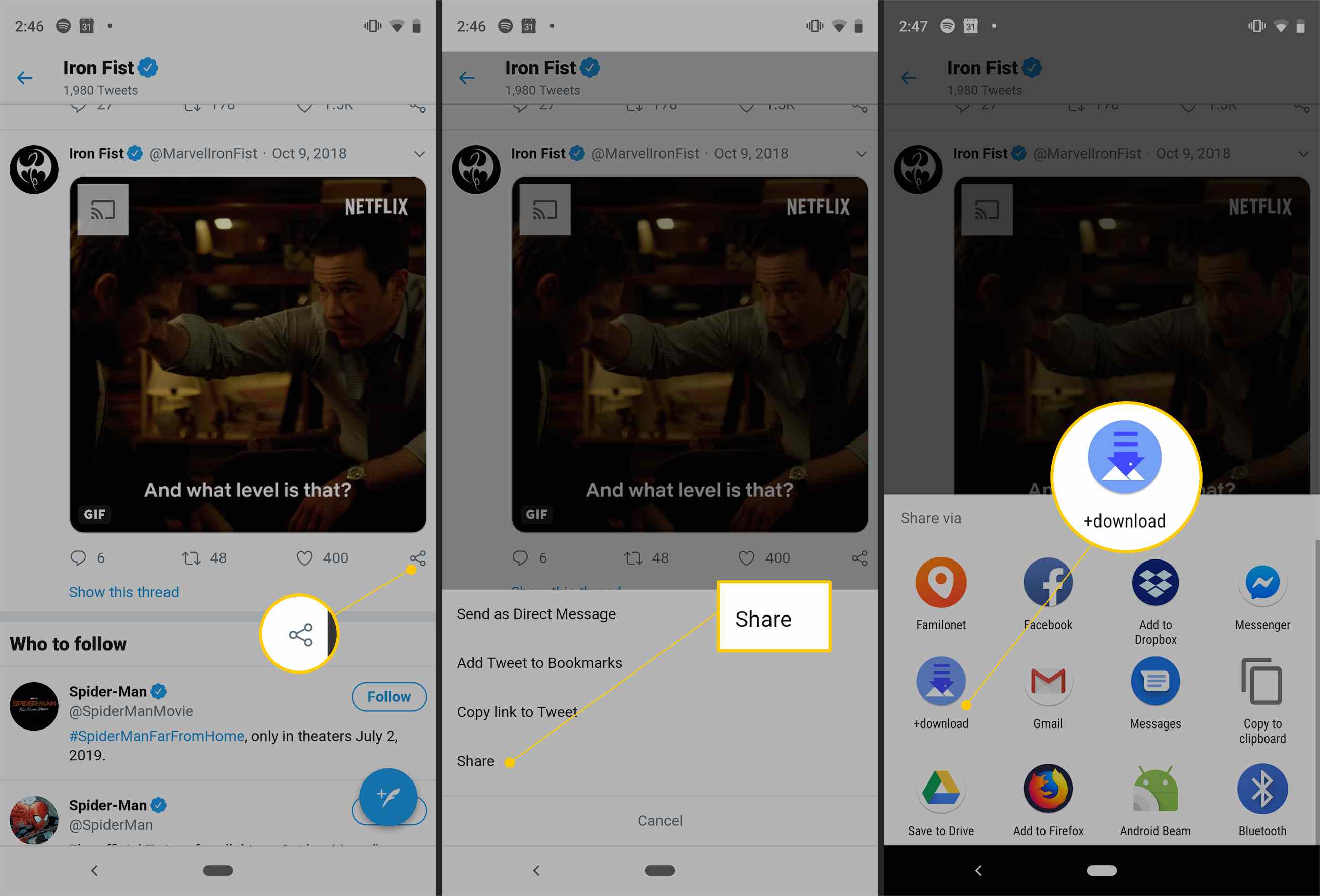 Ikona Sdílet, Sdílet odkaz a + tlačítko Stáhnout v systému Android