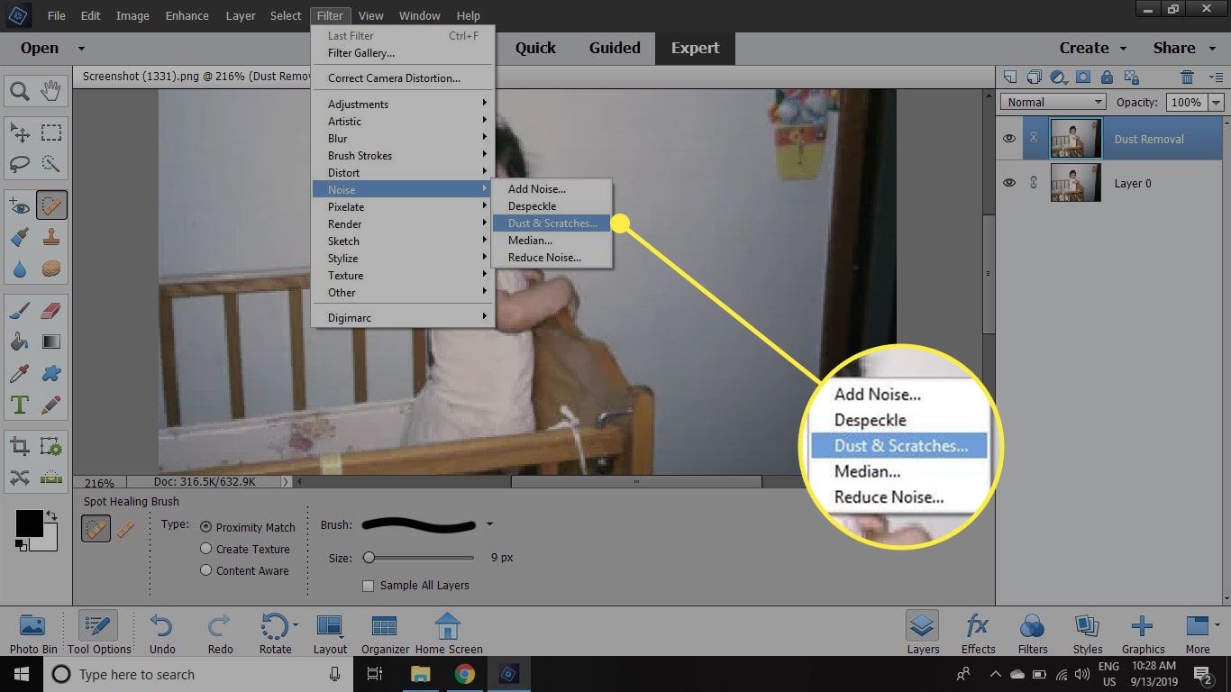 Snímek obrazovky aplikace Photoshop Elements se zvýrazněným příkazem Dust & Scratches