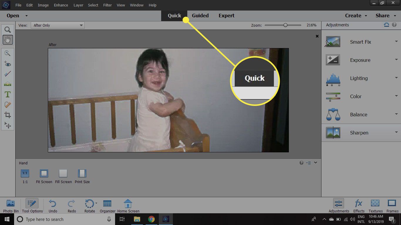 Snímek obrazovky aplikace Photoshop Elements se zvýrazněnou kartou Rychle