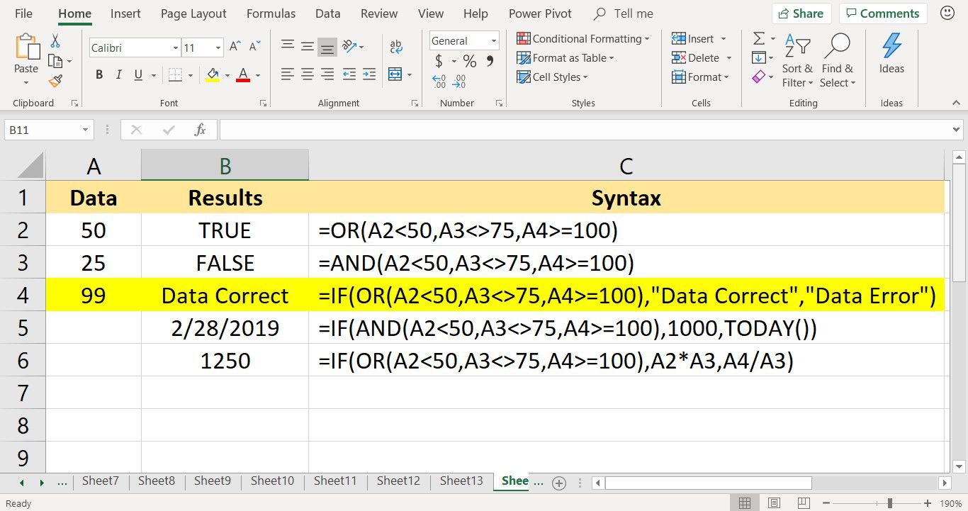 Screenshot aplikace Microsoft Excel ukazující funkci OR vnořenou do funkce IF