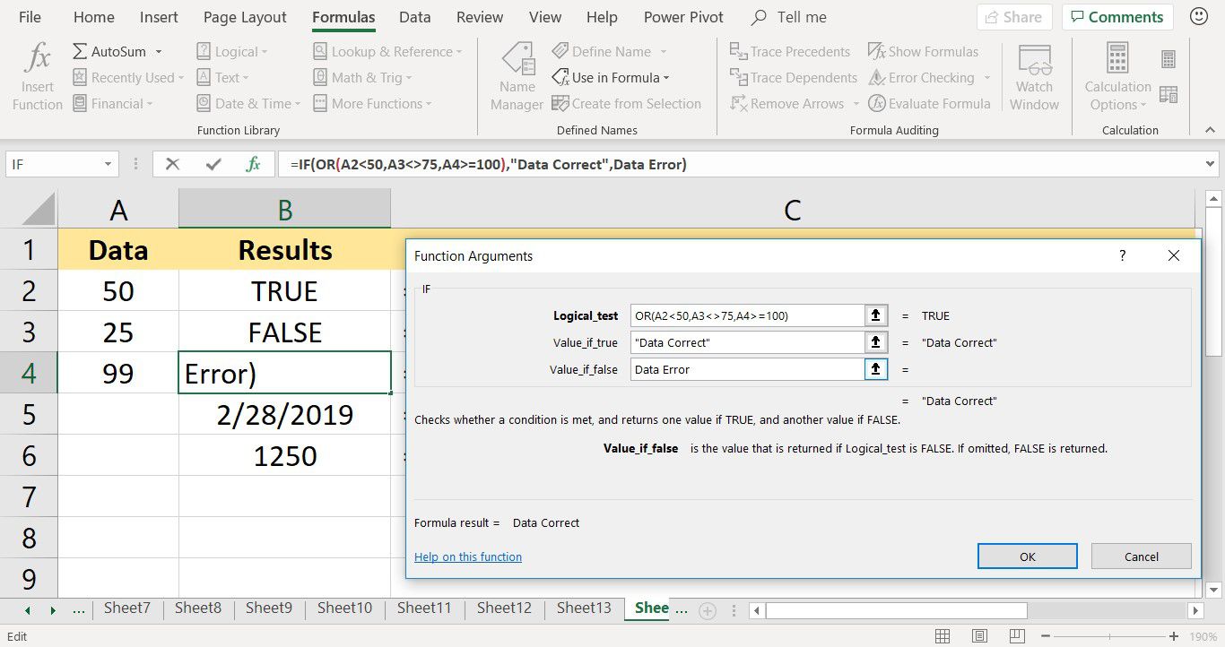 Snímek obrazovky ukazující, jak vnořit funkci OR do funkce IF v aplikaci Excel