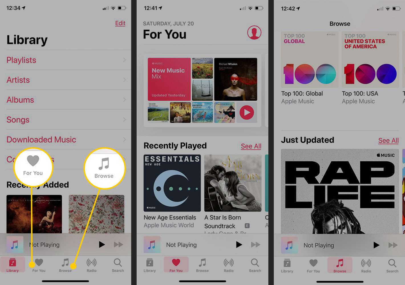 Aplikace Apple Music na iPhone se zvýrazněnými kartami Pro tebe a Procházet