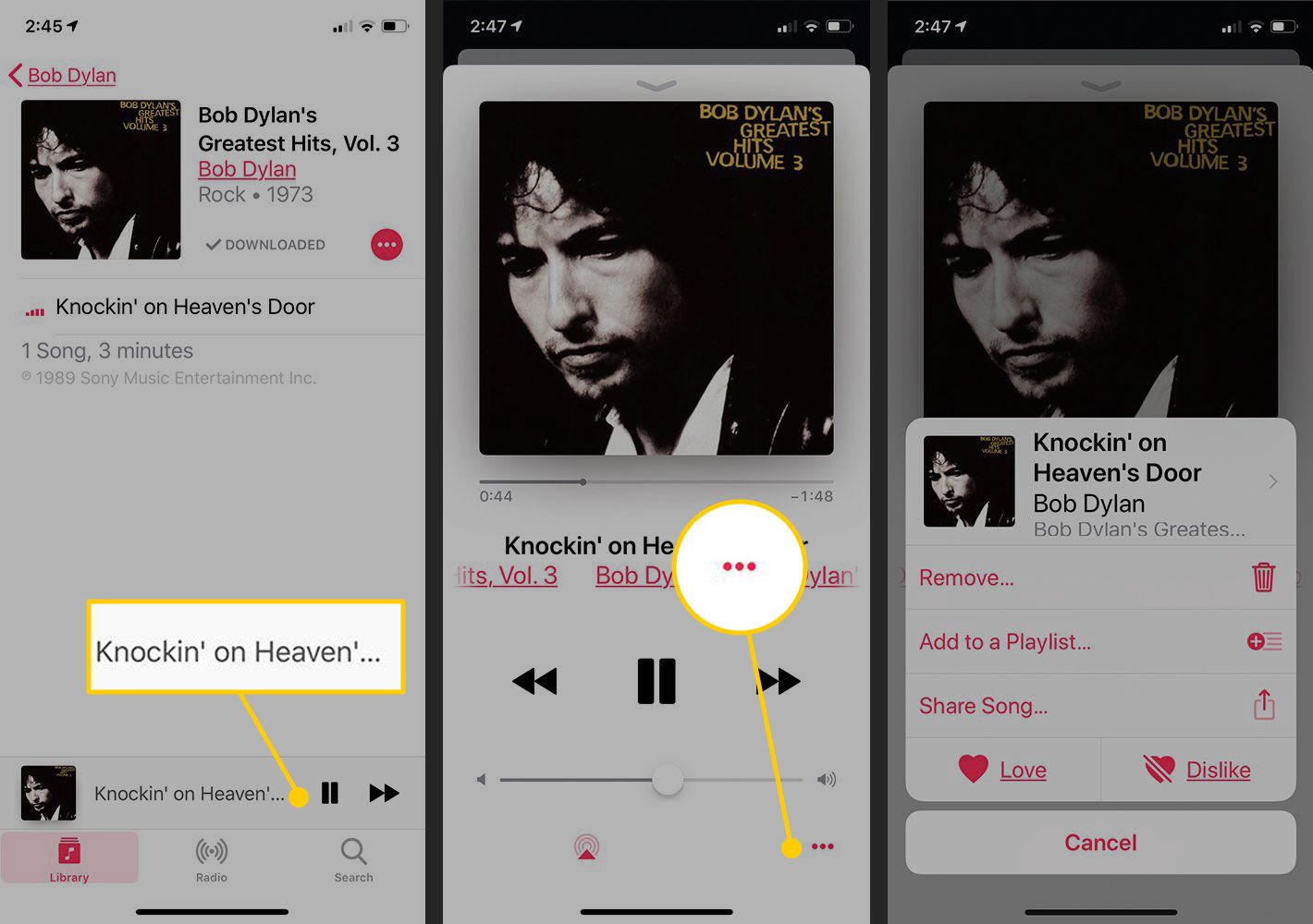 Možnosti písní v Apple Music na iPhone