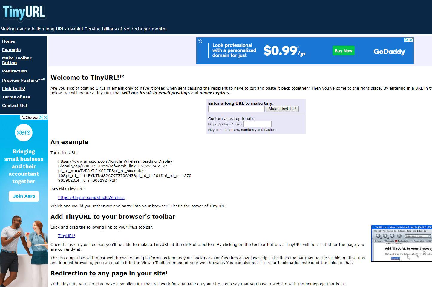 Screenshot webové stránky TinyURL